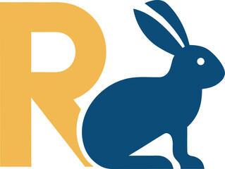 Blue rabbit forms letter R with golden letter background, the is transparent
