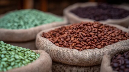 Explore the vibrant spectrum of coffee beans in burlap sacks, from bright green to deep chocolate, with textured fibers enhancing their natural allure.