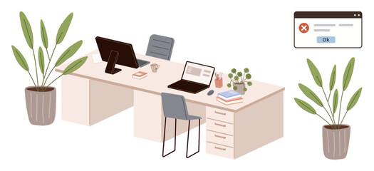 Office desks with laptops, documents, coffee, and plants. Error message window on screen highlights tech issue. Ideal for remote work, productivity, collaboration, IT issues workplace design