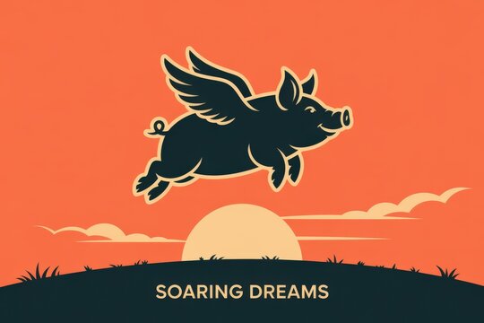 Flying pig silhouette against orange sunset