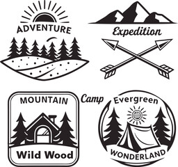 Fototapeta premium Vector art of black and white adventure, expedition, and camp logos featuring mountain, cabin, and tree designs