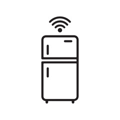 IoT Connected Fridge Icon in Outline Style, Smart Refrigerator Symbol on White Background