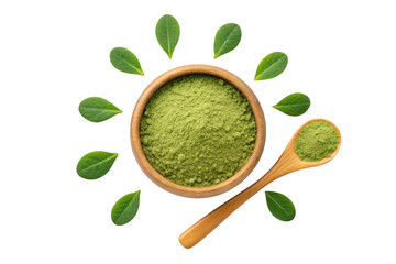 Green powder in wooden bowl with spoon and leaves isolated on transparent background