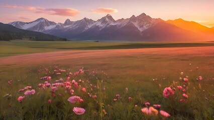 Obraz premium Beautiful sunset scene where warm pink and orange hues dominate the sky above a calm ocean creating a serene atmosphere