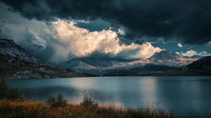 Fototapeta premium storm over a valley with a lake, storm clouds, lightning generative ai