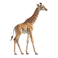 Baby giraffe standing upright without shadow hyper-realistic illustration png adorable giraffe image isolated on transparent background png giraffe calf art png detailed animal render png