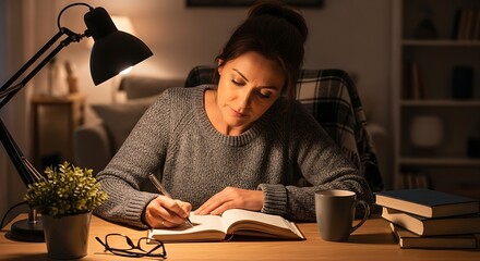 Middle-aged woman journaling her thoughts at a cozy home desk with warm lighting