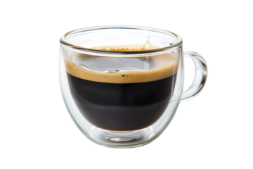 Dark espresso in a clear glass mug, rich crema, aromatic beverage
