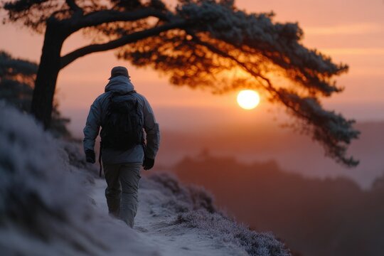 Sunrise illuminates foggy forest trail with lone hiker