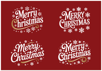 Collection of merry christmas lettering with snowflakes on red background
