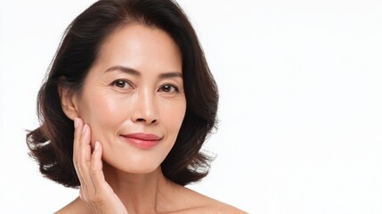 portrait of gorgeous happy middle aged mature cheerful asian woman senior older 50s lady pampering her face eyes closed isolated on white ads of lifting anti wrinkle skin care spa copy space no logos