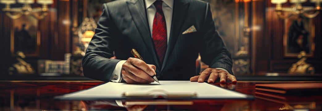 A businessman in a suit signing an important document in an elegant office setting, showcasing professionalism.