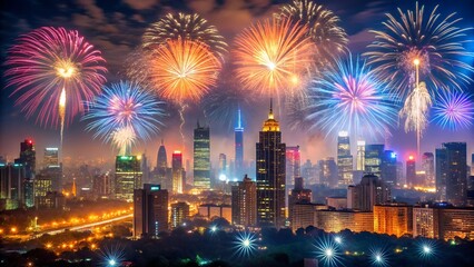 Spectacular Fireworks Display Over a Modern City Skyline at Night Celebrating a Special Event or Holiday