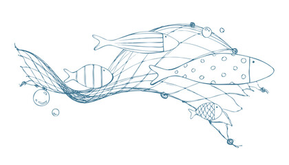 Large fish sliding on wavy fishing net with small bubbles, calm and sophisticated. Hand drawn ink illustration. Decorative composition for wall art, posters, cards and badges.