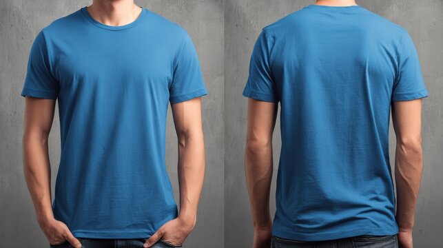 clothing design concept  man in blank blue tshirt front and back view no logos no brands ar 169 - Powered by Adobe