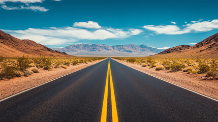 A long empty road stretches into a stunning mountainous landscape against a bright sky.