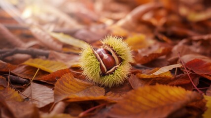 Golden chestnut with spiky shell on a bed of colorful autumn leaves.