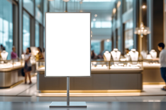 Blank vertical promotional display on stand inside luxury jewelry boutique with illuminated showcases, elegant lighting, and blurred customers in background