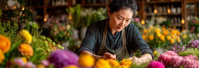 A focused florist arranging colorful flowers in a vibrant flower shop filled with natural beauty and creativity.