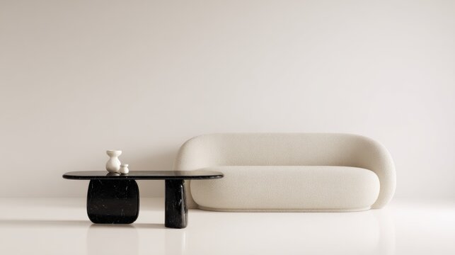 Modern beige boucle sofa with black marble coffee table, luxury sophisticated reception waiting area in spa, beauty, hair salon, law office, entertainment business  - website banner
