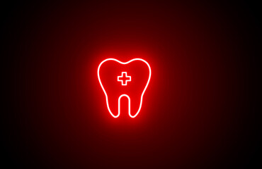 Neon glowing red color Tooth icon on black background. dental shape. bright tooth icon. Neon Clean tooth dental care icon. teeth sign
