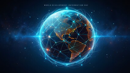 Global digital network connecting earth with blue light and stars