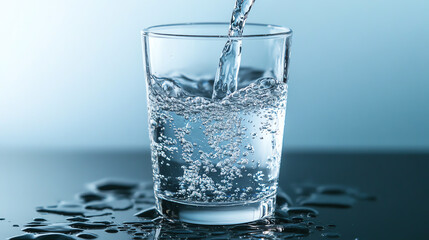 A refreshing glass of sparkling water filled with bubbles and clear liquid.