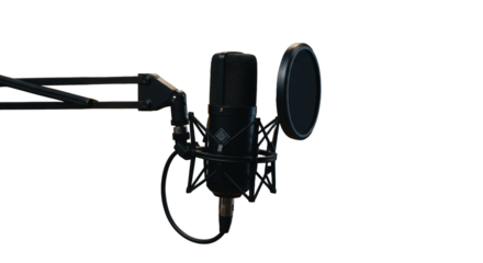 High-fidelity black studio condenser microphone, shock mount, pop filter, XLR cable on stand, blurred studio background, concept of professional digital audio