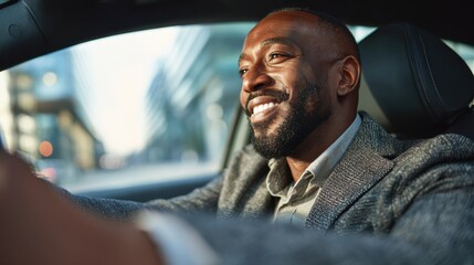 smiling african businessman wearing a blazer driving his car during his morning commute to work through the city no logos no brands ar 169