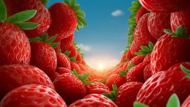Camera flight through a tunnel formed by juicy and ripe strawberries. Feeling of summer, freshness and naturalness. For videos about food, healthy lifestyle, sweets or summer recipes.