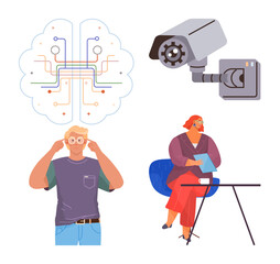 Brain with network connections, security camera, person adjusting glasses symbolizing thought, and woman working at desk. Ideal for AI, innovation, security, research, cognition technology