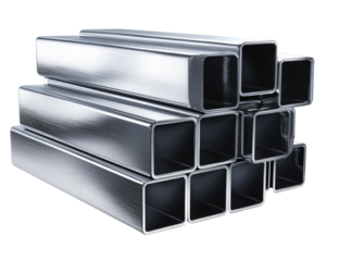 Stack of shiny, metallic square steel tubes