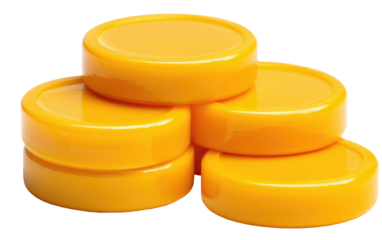 Stack of five glossy, bright-yellow circular game pieces