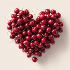 A large heart shape made of tightly packed glossy red cherries in a detailed 3D render on a soft light background