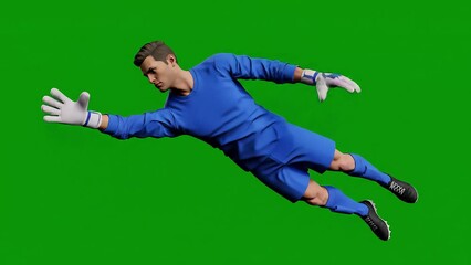 A goalkeeper dives in a dynamic sequence, showcasing athletic prowess and determination, vibrant against a chroma background - Powered by Adobe