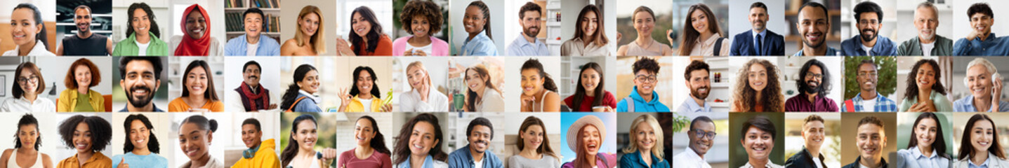 Fototapeta premium A lively collage features portraits of happy, diverse individuals from various backgrounds. Each person expresses joy, representing diversity and connection in everyday life.