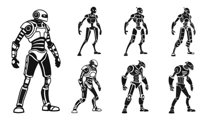 Collection of seven distinct black and white stylized robotic figures in various dynamic poses on a white background