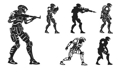 Futuristic soldiers in combat poses with advanced armor and weapons on white background