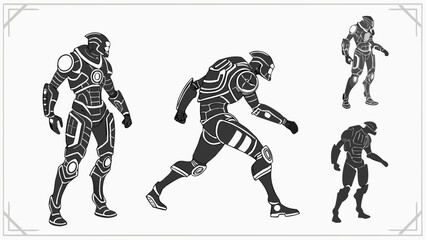 Futuristic humanoid robot characters in action poses with stylized armor and glowing white accents