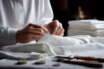 A skilled tailor's hands meticulously hand-sewing white fabric, symbolizing artisanal craftsmanship, ethical fashion, and the detailed process of creation.