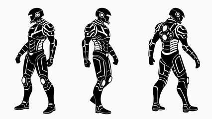 Three futuristic sci fi cyborg soldier silhouettes in black and white showing different angles