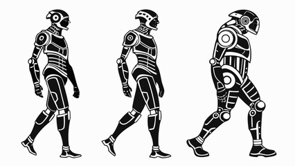 Three futuristic android robots in silhouette walking in profile against a white background