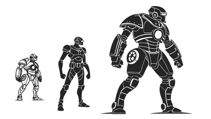 Three stylized black and white robotic figures of increasing size and detail on a white background