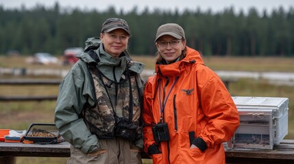 A beekeeper stands confidently with arms crossed, smiling in a vibrant green space, beehives visible in the background under a cloudy sky