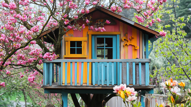 A vibrant treehouse surrounded by blooming flowers and greenery in a serene setting.