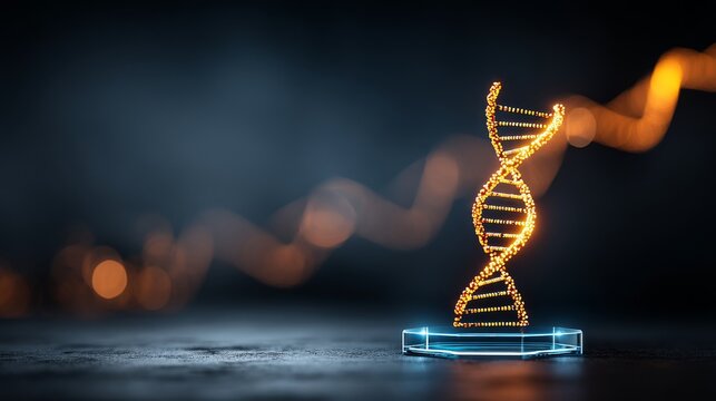 A glowing DNA double helix model with a bright base stands on a flat surface against a dark grey background,
