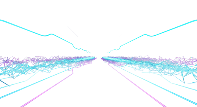 Dynamic, glowing network lines and abstract light trails flow through a sleek, minimalist digital landscape against a deep, dark, futuristic background, emphasizing depth, global communication concept