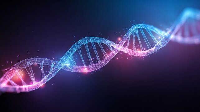 A digitally rendered double helix staircase structure with glowing blue and pink lines resembling DNA strands,