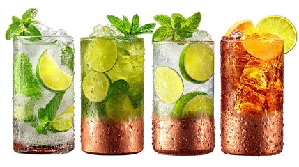 Four Refreshing Summer Cocktails in Copper Mugs: Mojito, Lime, Mint, and Citrus Variations