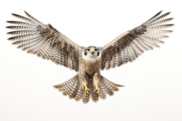 Fototapeta premium A majestic falcon with wings spread wide, captured in flight with detailed feathers against a white backdrop